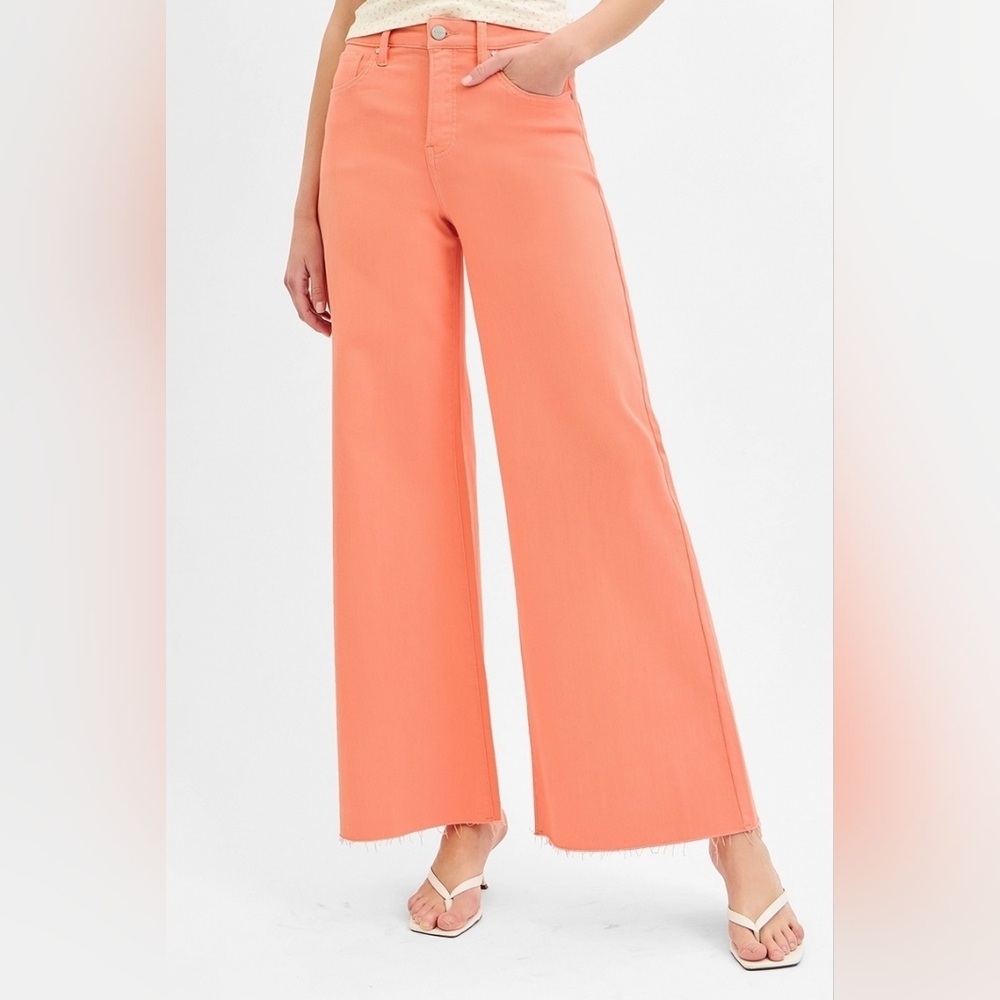 Risen High Rise Tummy Control Wide Leg Palazzo Jeans Coral Peach Various NEW - Picture 3 of 6